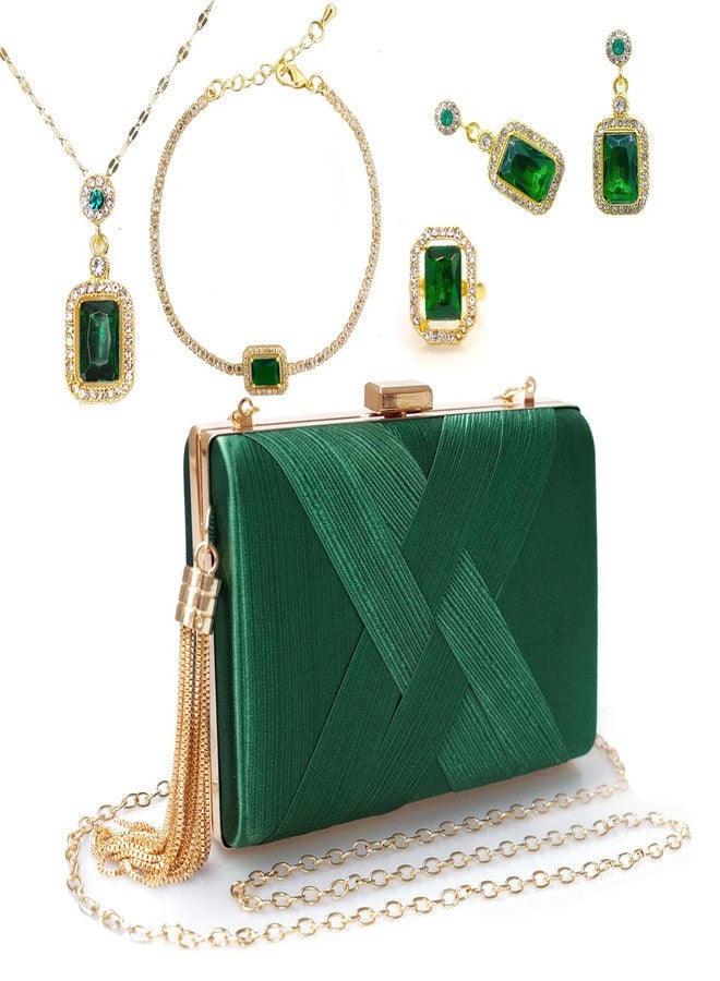 SENONAPO 5 Pcs Clutch Purses for Women Jewelry Set Handbag with Necklace Earrings Ring Bracelet Vintage Banquet Handbag with Detachable Chain for Wedding Party Gift Supplies(Green) - Image 1